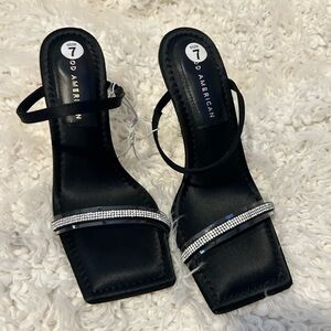 $25 clearance Good American Black Satin Open Square Toe Rhinestone 7 $199